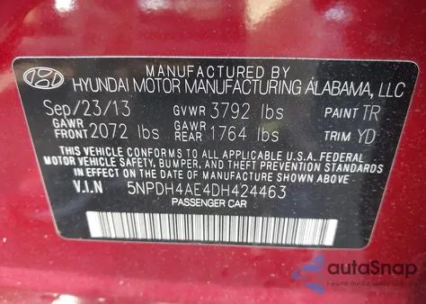 2013 Hyundai Elantra Gls from USA, damaged, VIN 5NPDH4AE4DH424463
